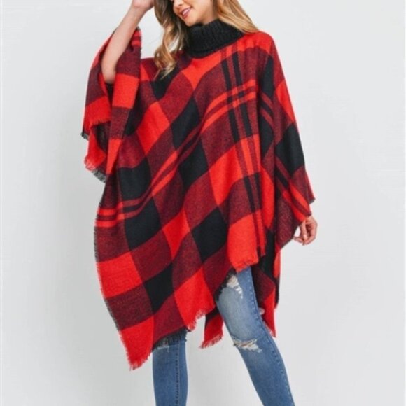 CHIC Plaid Print Knit Turtleneck Poncho Top - Picture 4 of 7